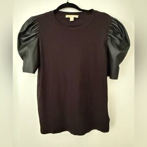 Michael Kors black tee with leather puff sleeves